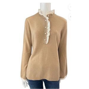 Cortland Park Cashmere Sweater Beige Ruffle Neck Pearl Buttons Sz‎ M Coquette